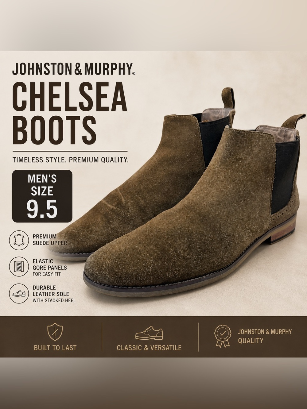 Johnston & Murphy Suede Chelsea Boots Men’s Size 9.5 Brown Leather Dress Boots